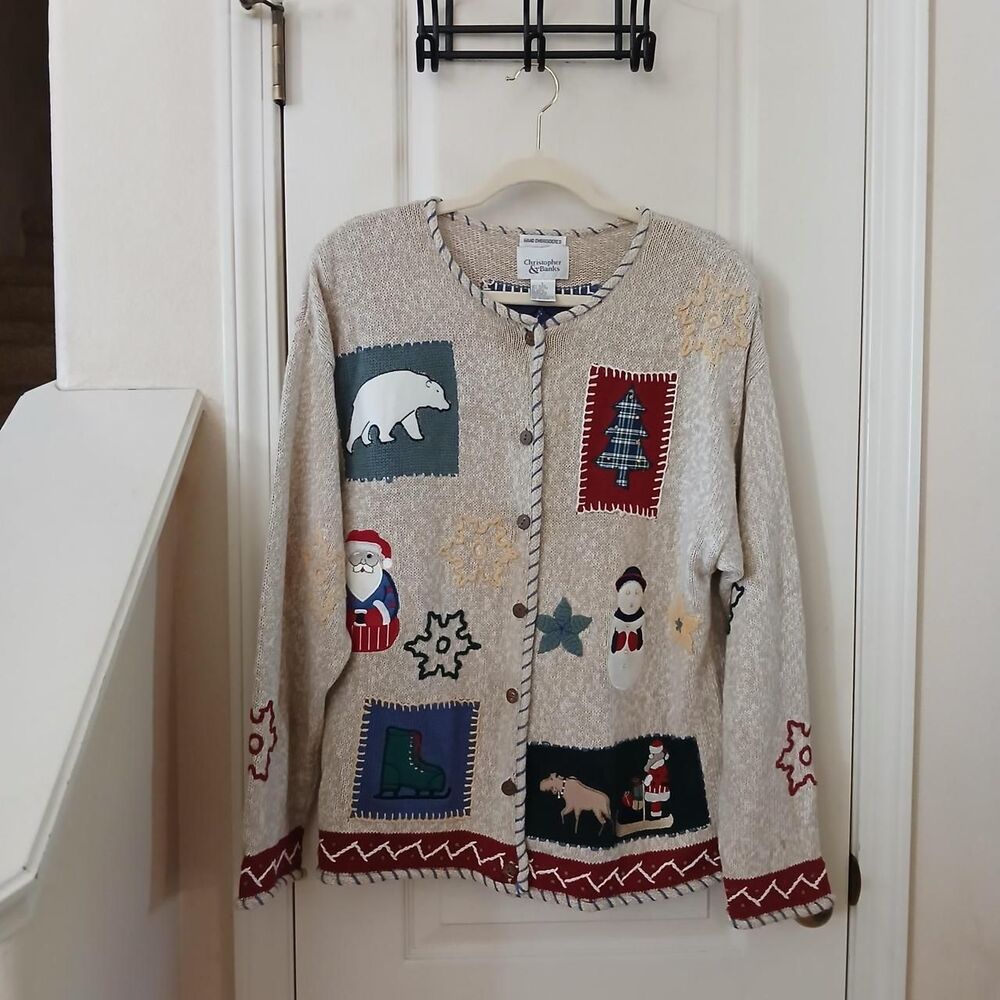 Vintage 90s Christopher & Banks Patchwork Christmas Cardigan L Cottage Holiday